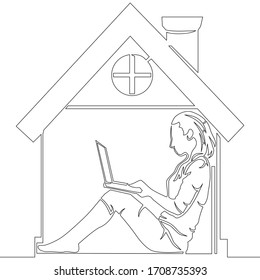 Continuous one single line drawing of Stay and work at home. Cartoon woman sitting with laptop, icon vector illustration concept