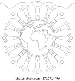 Continuous one single line drawing People over earth globe icon vector illustration concept