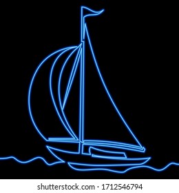 Continuous one single line drawing Sailing boat ship icon neon glow vector illustration concept