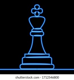 Continuous one single line drawing chess king strategy leadership icon neon glow vector illustration concept