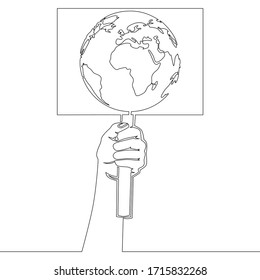 Continuous one single line drawing hand with protest sign earth planet icon vector illustration concept