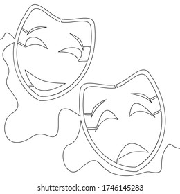 Continuous one single line drawing Comedy and tragedy line theater masks feelings icon vector illustration concept