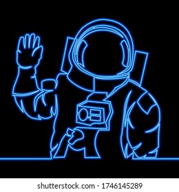 Continuous One Single Line Drawing Astronaut Spaceman Icon Neon Glow Vector Illustration Concept