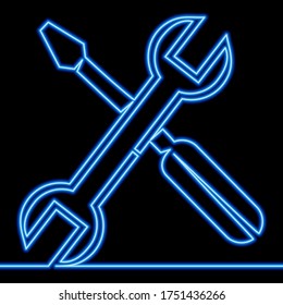 Continuous one single line drawing Repair service wrench and screwdriver tools icon neon glow vector illustration concept