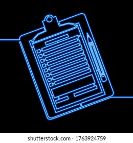 Continuous one single line drawing Document clipboard with pencil icon neon glow vector illustration concept