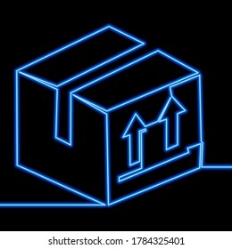 Continuous one single line drawing cardboard box package parcel Delivery icon neon glow vector illustration concept