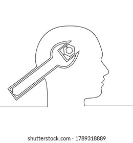 Dibujo continuo de una sola línea Cabeza humana y una llave de diseño Icono de salud mental Icono de ilustración vectorial