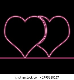 Continuous one single line drawing Two hearts icon neon glow vector illustration concept