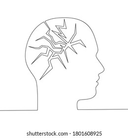 Continuous One Single Line Drawing Of Head. With Cognitive Distortion.  Psychological Trauma Icon Vector Illustration Concept