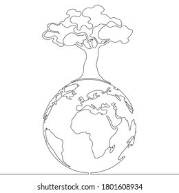 Continuous one single line drawing planet earth and tree. Sustainable development goals icon vector illustration concept