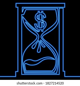 Continuous one single line drawing dollar hourglass clock Time is money icon neon glow vector illustration concept