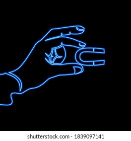 Continuous one single line drawing Customer attraction strategy Hand holding magnet icon neon glow vector illustration concept