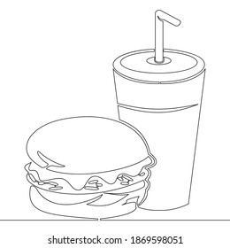 Continuous one single line drawing Burger and soda takeout fastfood icon vector illustration concept