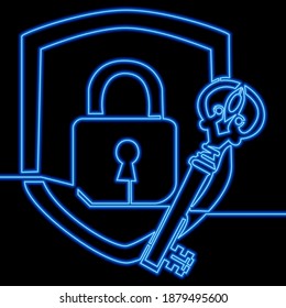 Continuous one single line drawing Defensive system key and lock icon neon glow vector illustration concept