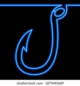 Continuous one single line drawing Fishing hook icon neon glow vector illustration concept