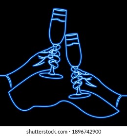 Continuous one single line drawing two hands clinking wine glasses icon neon glow vector illustration concept