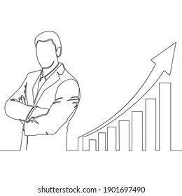 Continuous one single line drawing businessman standing at growing graph presentation icon vector illustration concept