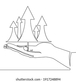 Kontinuierliche Zeichnung einer einzelnen Linie Hand und Gewinn-Up-Pfeile Symbol Vektorgrafik Konzept