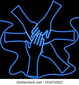 Kontinuierliches, einzeilige Zeichnen der Zusammenarbeit mit den Händen Symbol neonfarbige Vektorgrafik-Konzept
