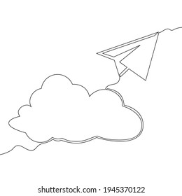 Continuous one single line drawing cloud and paper plane icon vector illustration concept