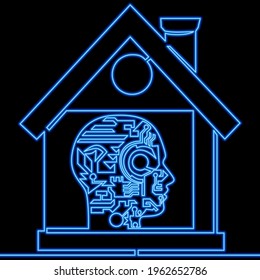 Continuous one single line drawing smart House icon neon glow vector illustration concept