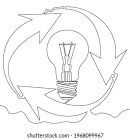 Continuous one single line drawing recycle sign with light bulb icon vector illustration concept