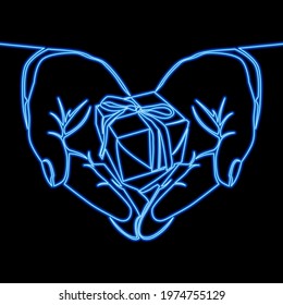 Continuous one single line drawing Present hand with gift box icon neon glow vector illustration concept