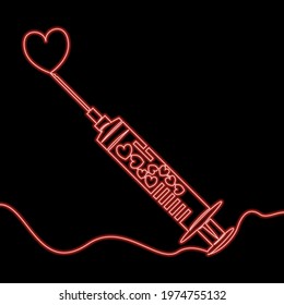 Continuous one single line drawing Syringe with hearts Medicine icon neon glow vector illustration concept