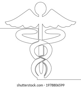 Continuous One Single Line Drawing Caduceus Medical Symbol Icon Vector Illustration Concept