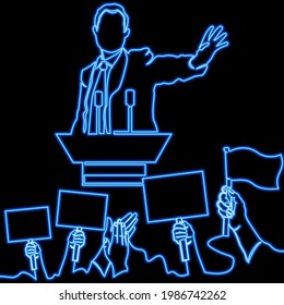 Continuous one single line drawing Political meeting speech icon neon glow vector illustration concept