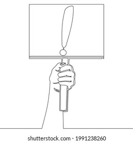 Continuous one single line drawing hand holding signboard with exclamation mark symbol icon vector illustration concept