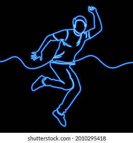Continuous one single line drawing happy jumping man icon neon glow vector illustration concept