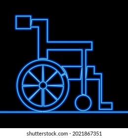 Continuous one single line drawing wheelchair Disable icon neon glow vector illustration concept
