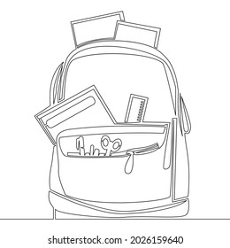 Continuous one single line drawing school backpack bag Back to school education icon vector illustration concept
