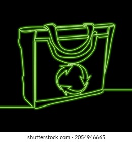 Continuous one single line drawing Eco bag shopping handbag icon neon glow vector illustration concept