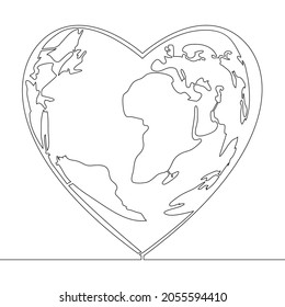 Continuous one single line drawing heart and world icon vector illustration concept