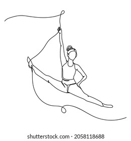 Continuous one single line drawing of gymnast woman performing aerial exercise in silhouette on a white background. Linear stylized.