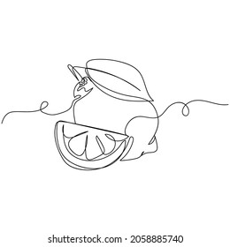 Continuous one single line drawing of lemon citrus fruit organic with leaf and slice lemon in silhouette on a white background. Linear stylized.