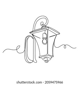 Dibujo continuo de una sola línea de lámpara antigua en silueta sobre un fondo blanco. Linear estilizado.