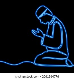 Continuous one single line drawing Islamic Muslim man prays icon neon glow vector illustration concept