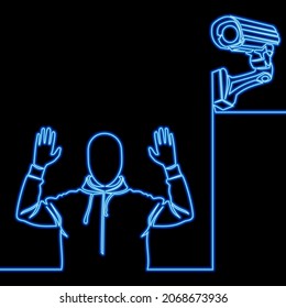 Continuous one single line drawing thief with Security surveillance camera icon neon glow vector illustration concept