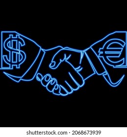 Continuous one single line drawing Handshake with currency exchange dollar and euro icon neon glow vector illustration concept