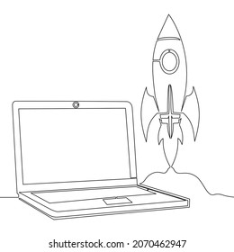 Continuous One Single Line Drawing Rocket Launch From Laptop Startup Icon Vector Illustration Concept