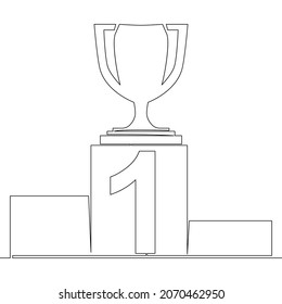 Continuous one single line drawing trophy cup goblet on podium pedestal icon vector illustration concept