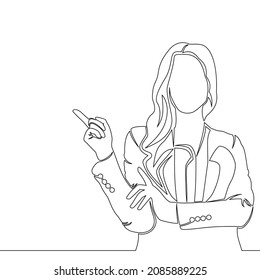 Continuous one single line drawing Young business woman showing something or presenting icon vector illustration concept