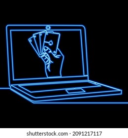 Dibujo continuo de una sola línea de poker en línea icono de casino neon resplandor concepto de ilustración vectorial