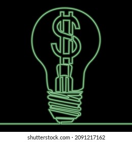 Continuous one single line drawing Light bulb with dollar Lamp Money icon neon glow vector illustration concept