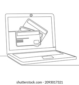 Continuous one single line drawing laptop computer with credit cards icon vector illustration concept