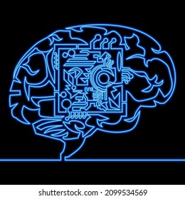 Continuous one single line drawing technological brain artificial intelligence with cpu icon neon glow vector illustration concept