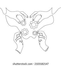 Continuous one single line drawing business team members unite piece of gears icon vector illustration concept